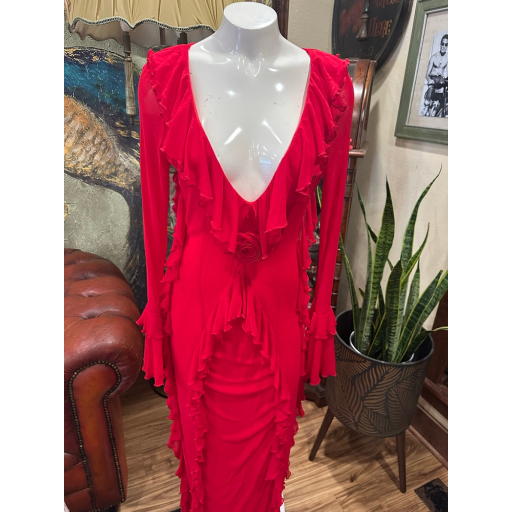 SHEIN Red Ruffle Long Sleeve Mesh Maxi Dress Size 6 - Picture 5 of 16